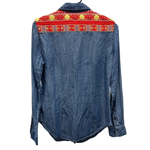 Desigual Exotic Jeans Chambray Embroidered Western Shirt Women's Size S Blue - Picture 2 of 9